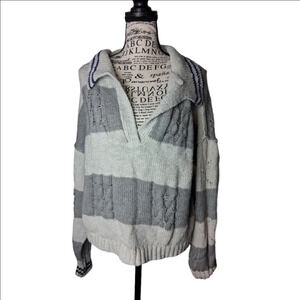 Lucky Brand Gray Cream V-Neck Sweater Large Womens